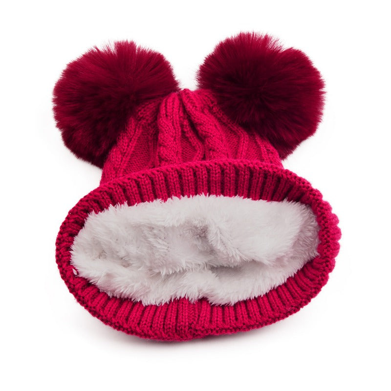 Wholesale Autumn and Winter Fleece Leather Label MINI Double Wool Ball Outdoor Warm Detachable Knitted Hat